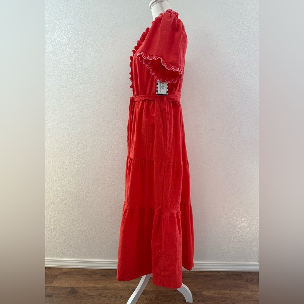 NWT! UMGEE Orange 100% cotton Tiered Maxi Dress M ruffle button belted short sl. - Picture 5 of 14
